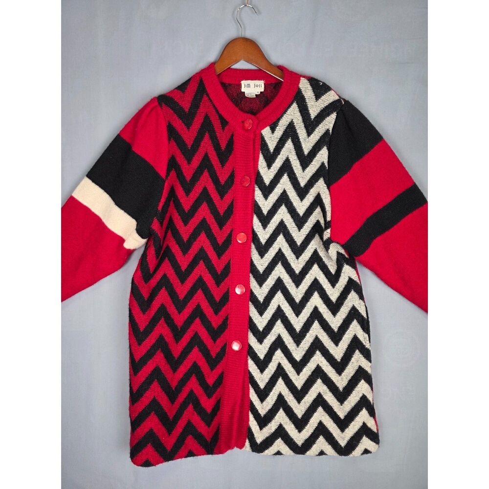 Vintage 80s JM Joss Mohair/Nylon Long Cardigan Colorblock Chevron Sweater Size M